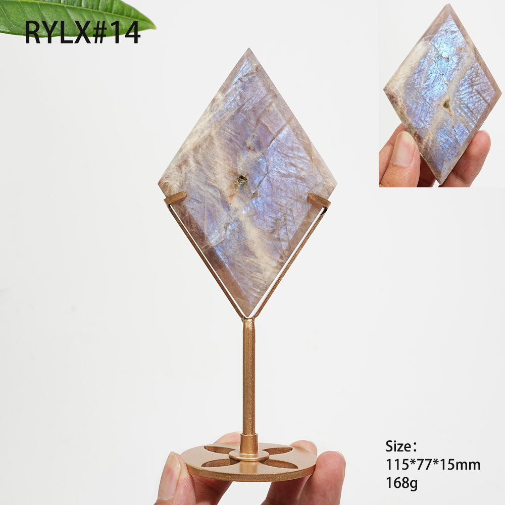 Unique,Natural Sunstone-Moonstone Diamond Slice With Stand