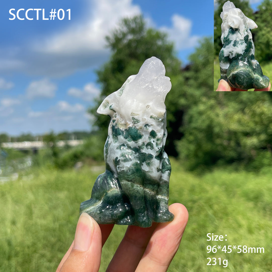 Unique,Natural Crystal Moss Agate Howling Wolf Carving