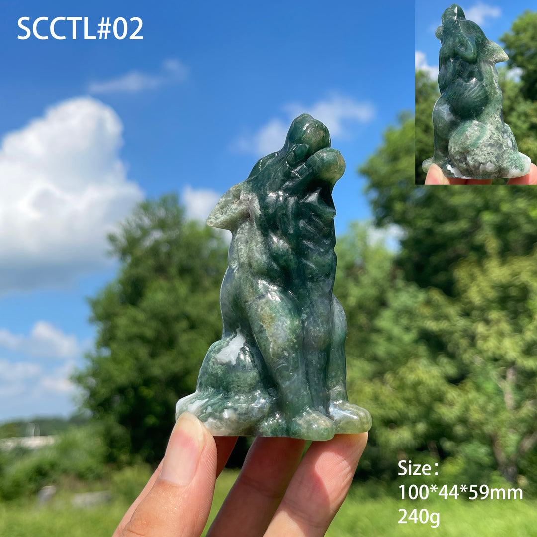 Unique,Natural Crystal Moss Agate Howling Wolf Carving