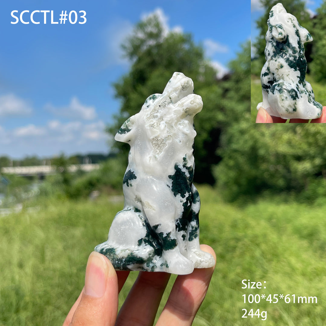 Unique,Natural Crystal Moss Agate Howling Wolf Carving