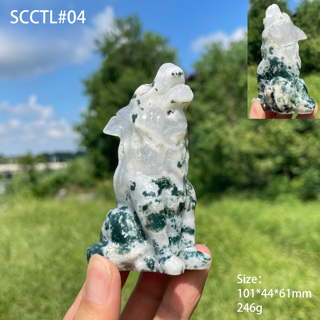 Unique,Natural Crystal Moss Agate Howling Wolf Carving