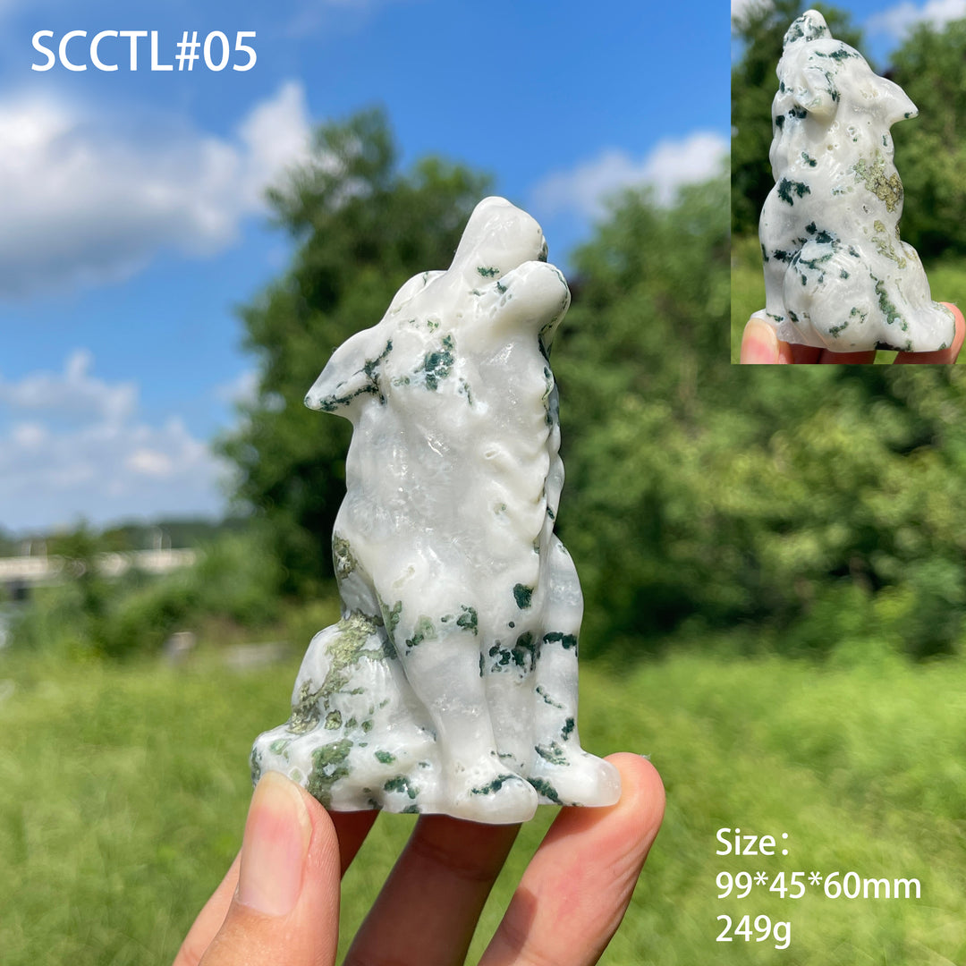 Unique,Natural Crystal Moss Agate Howling Wolf Carving
