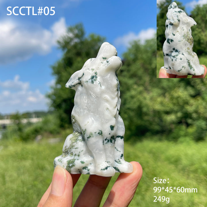 Unique,Natural Crystal Moss Agate Howling Wolf Carving