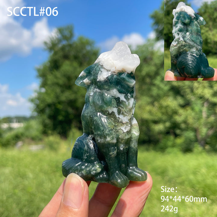 Unique,Natural Crystal Moss Agate Howling Wolf Carving