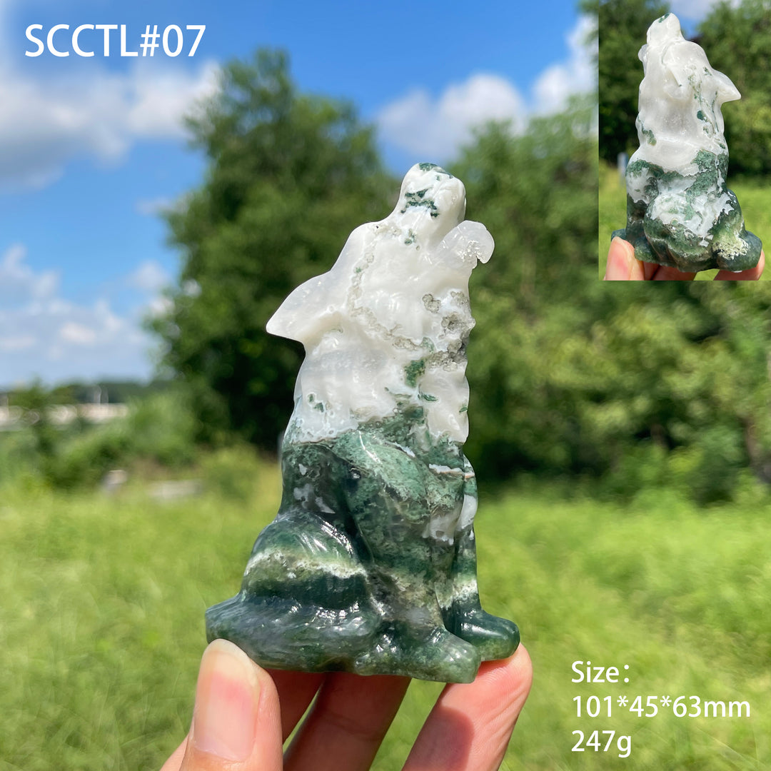 Unique,Natural Crystal Moss Agate Howling Wolf Carving