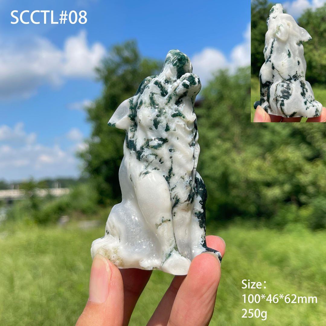 Unique,Natural Crystal Moss Agate Howling Wolf Carving