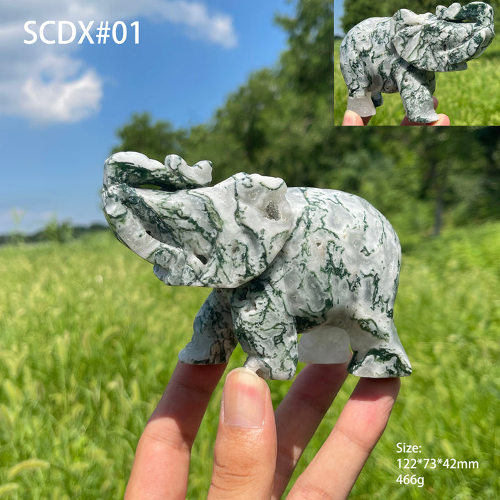 Unique,Natural Crystal Moss Agate Elephant Carving