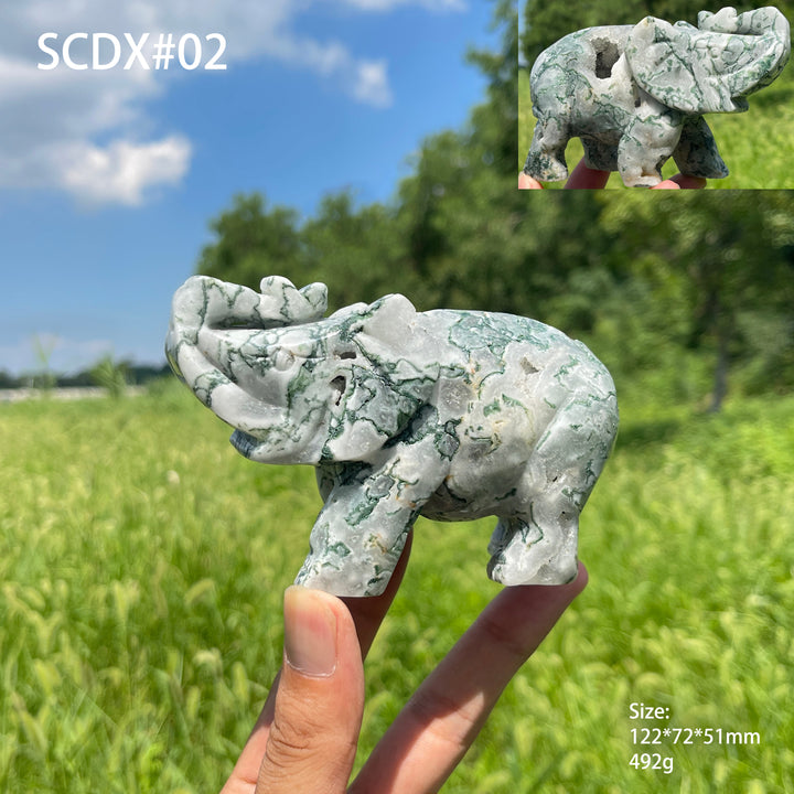 Unique,Natural Crystal Moss Agate Elephant Carving
