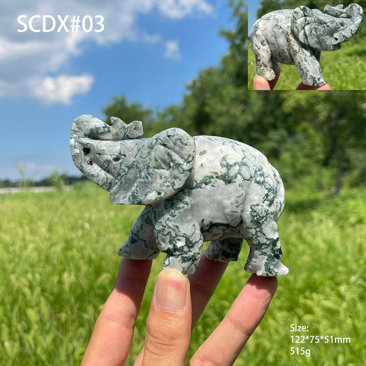 Unique,Natural Crystal Moss Agate Elephant Carving