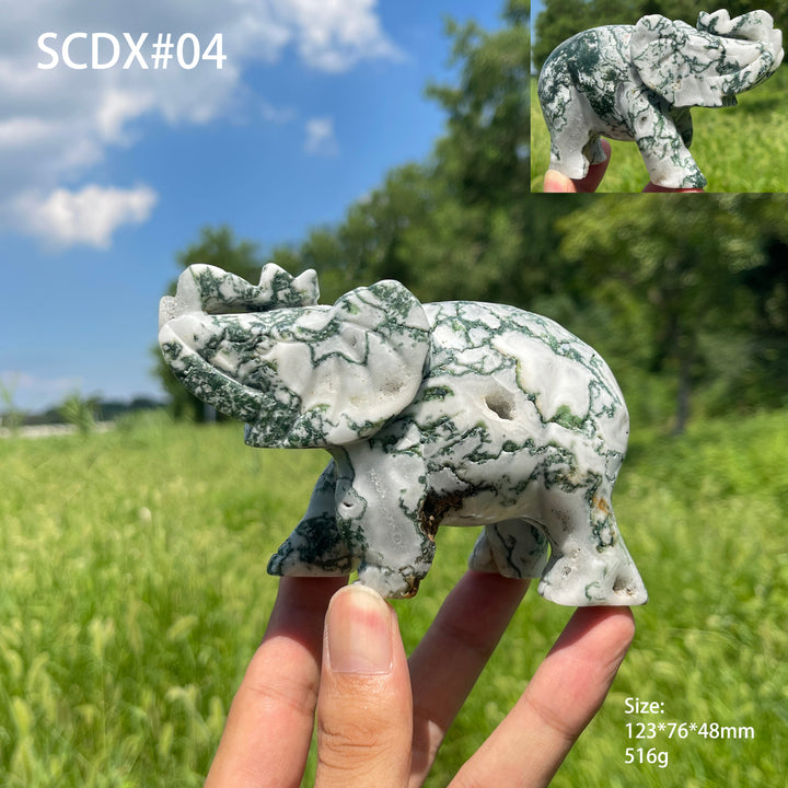 Unique,Natural Crystal Moss Agate Elephant Carving