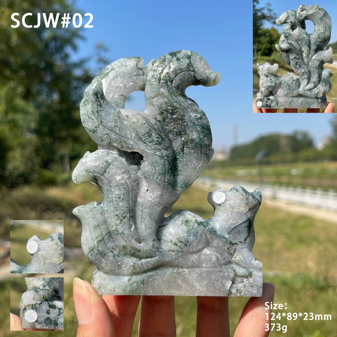 Unique,A Slightly Imperfect Natural Crystal Exquisite Moss Agate Nine‑Tailed Fox