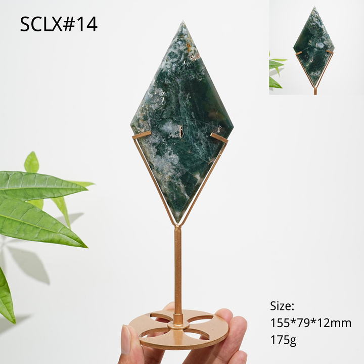 Unique,Natural Moss Agate Diamond Slice With Stand