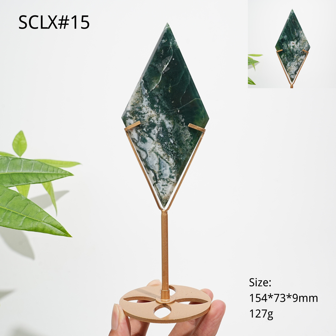 Unique,Natural Moss Agate Diamond Slice With Stand