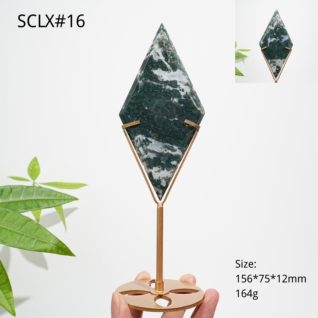 Unique,Natural Moss Agate Diamond Slice With Stand
