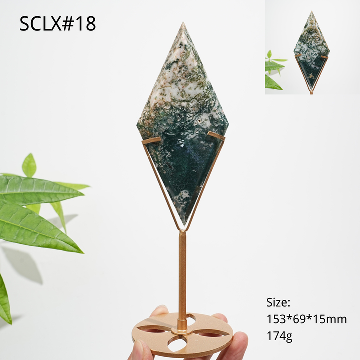 Unique,Natural Moss Agate Diamond Slice With Stand