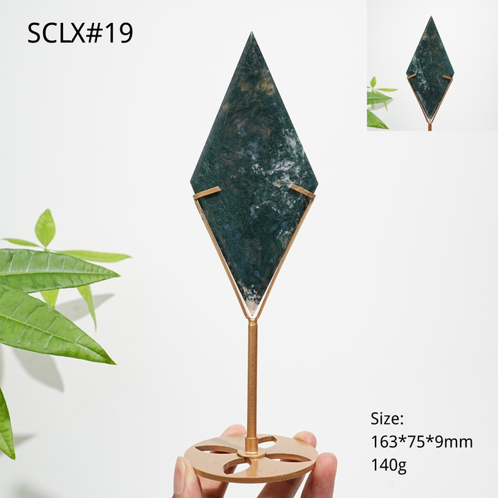 Unique,Natural Moss Agate Diamond Slice With Stand