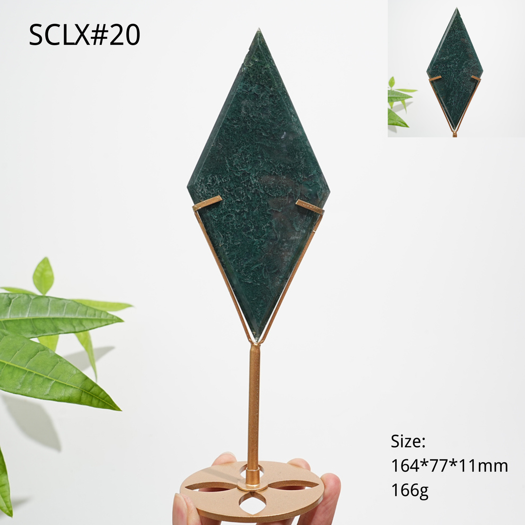 Unique,Natural Moss Agate Diamond Slice With Stand