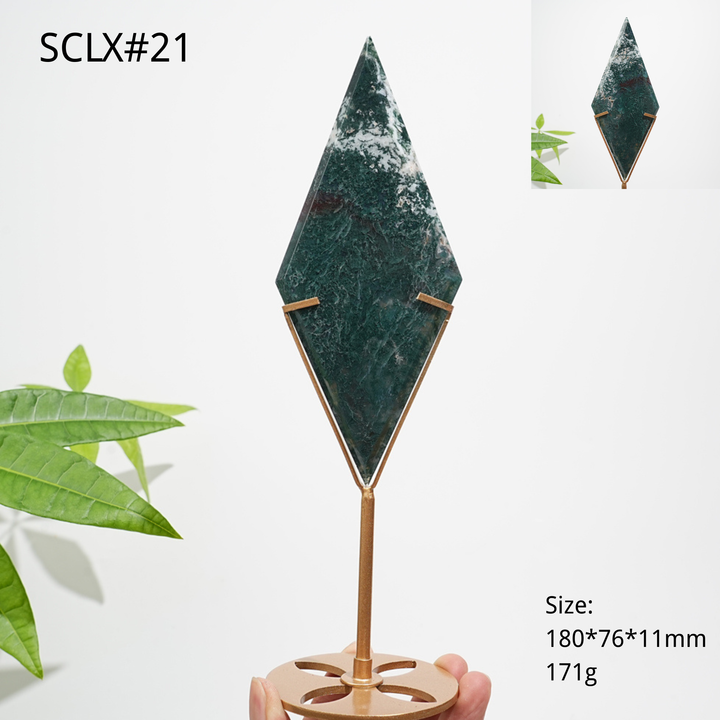 Unique,Natural Moss Agate Diamond Slice With Stand