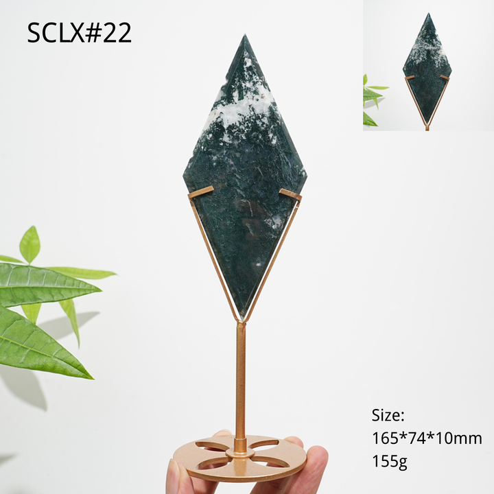 Unique,Natural Moss Agate Diamond Slice With Stand