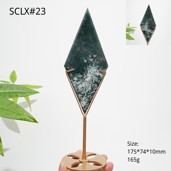 Unique,Natural Moss Agate Diamond Slice With Stand