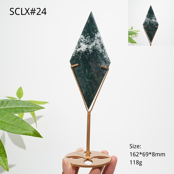 Unique,Natural Moss Agate Diamond Slice With Stand