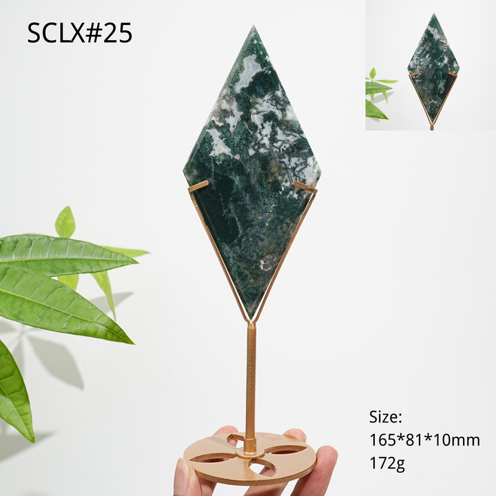 Unique,Natural Moss Agate Diamond Slice With Stand