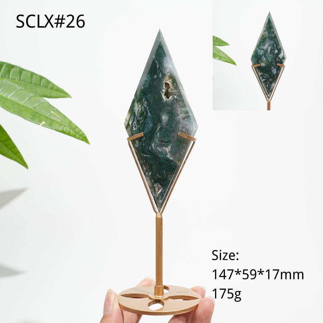 Unique,Natural Moss Agate Diamond Slice With Stand