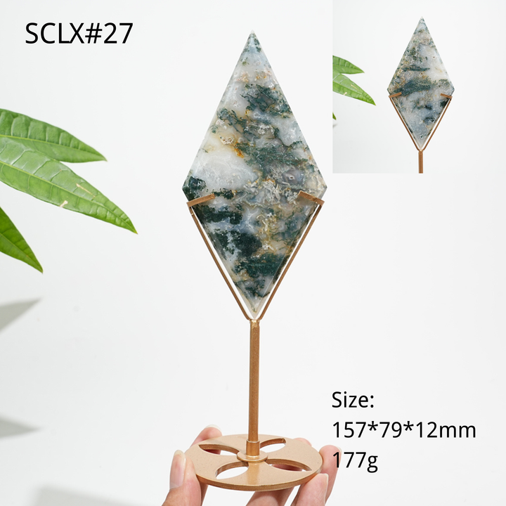 Unique,Natural Moss Agate Diamond Slice With Stand
