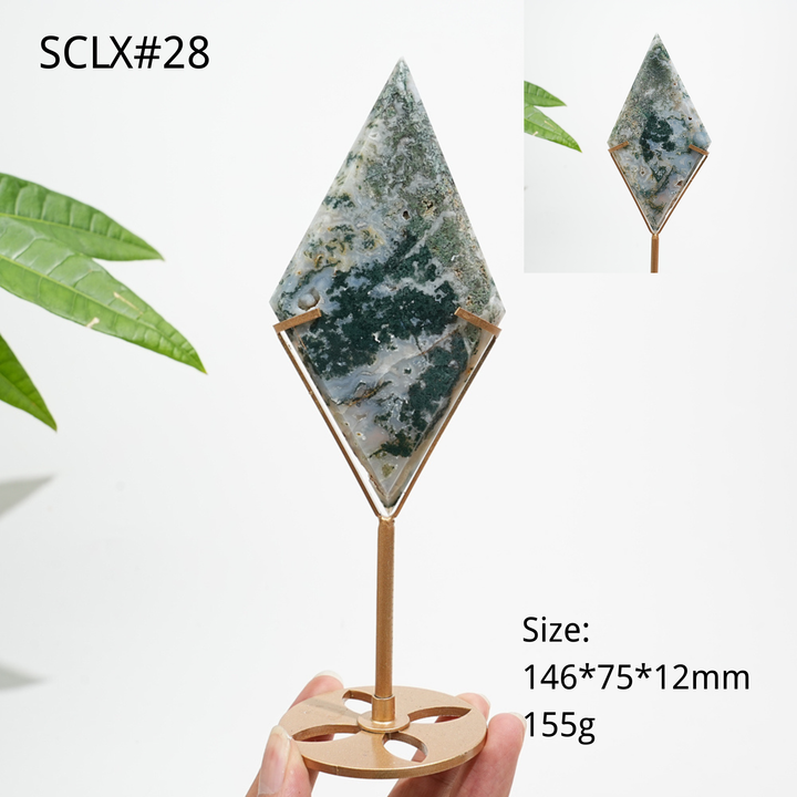 Unique,Natural Moss Agate Diamond Slice With Stand
