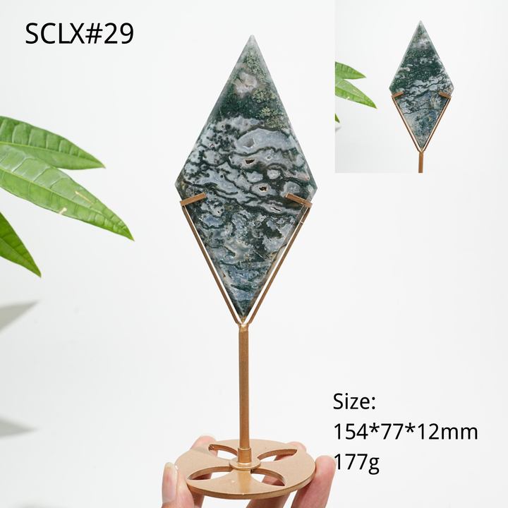 Unique,Natural Moss Agate Diamond Slice With Stand