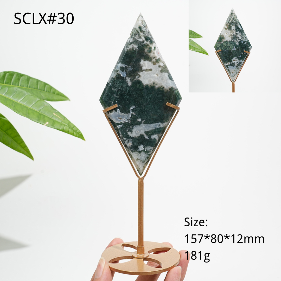 Unique,Natural Moss Agate Diamond Slice With Stand