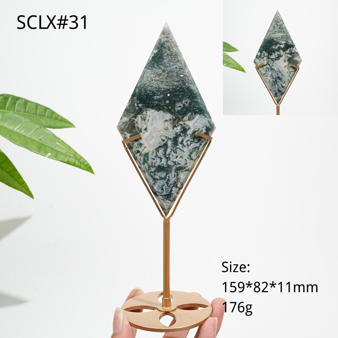 Unique,Natural Moss Agate Diamond Slice With Stand