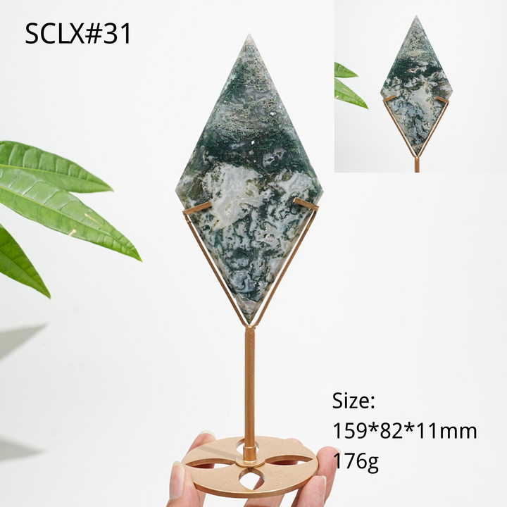 Unique,Natural Moss Agate Diamond Slice With Stand