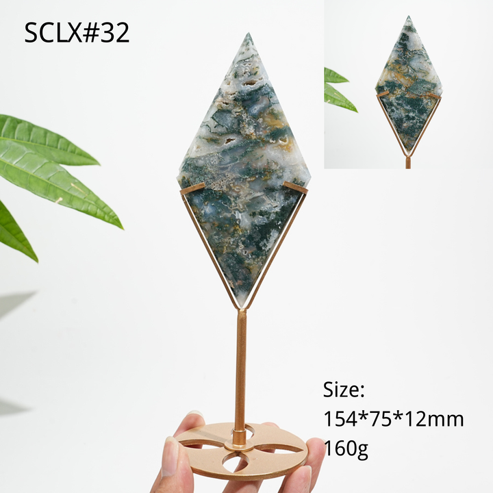 Unique,Natural Moss Agate Diamond Slice With Stand