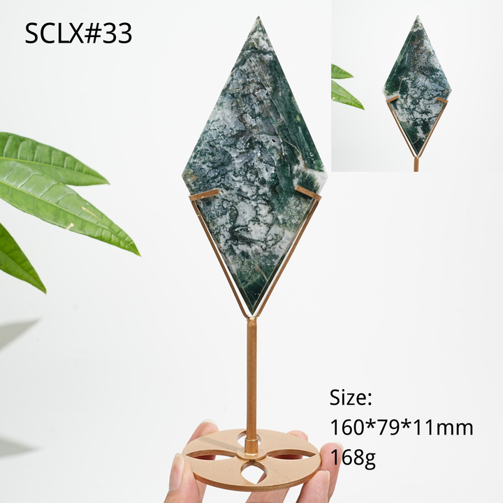 Unique,Natural Moss Agate Diamond Slice With Stand