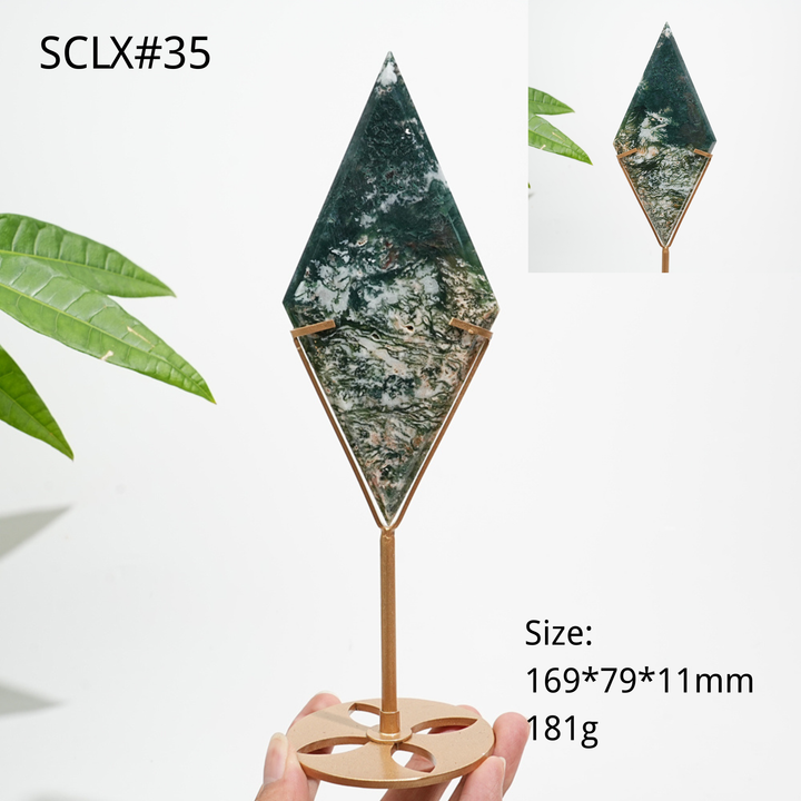 Unique,Natural Moss Agate Diamond Slice With Stand