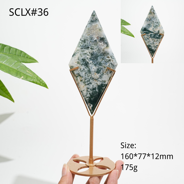 Unique,Natural Moss Agate Diamond Slice With Stand