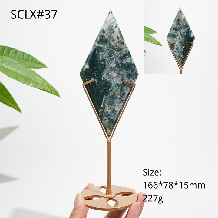 Unique,Natural Moss Agate Diamond Slice With Stand