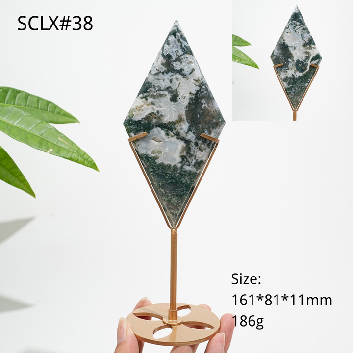 Unique,Natural Moss Agate Diamond Slice With Stand