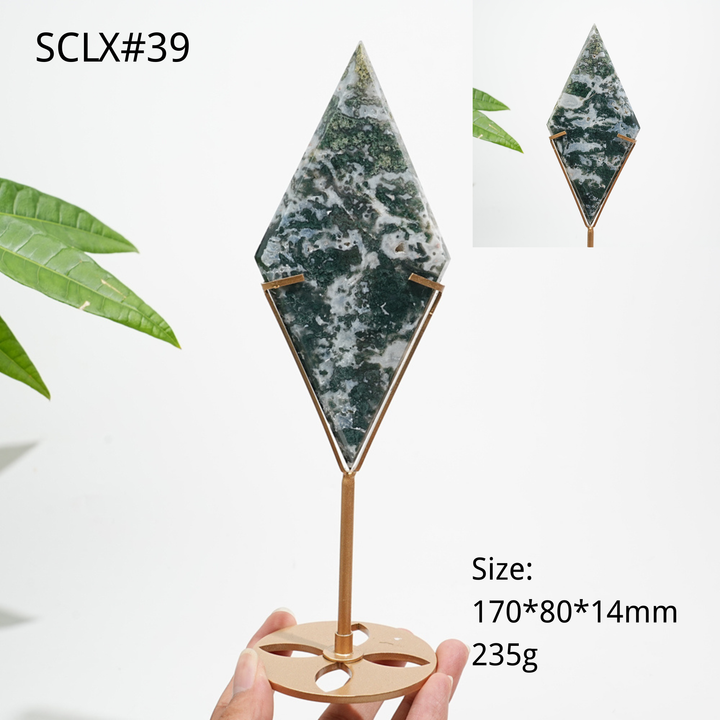 Unique,Natural Moss Agate Diamond Slice With Stand