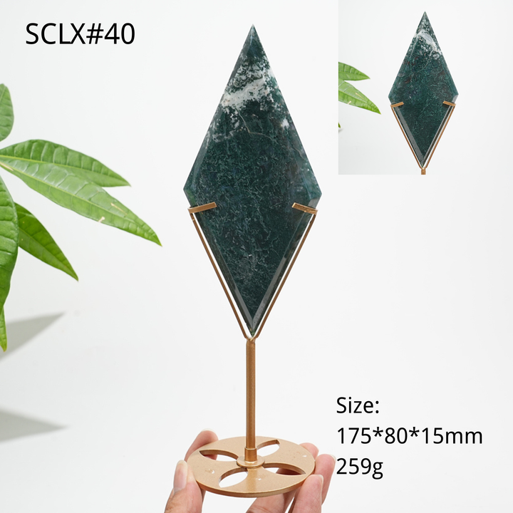 Unique,Natural Moss Agate Diamond Slice With Stand