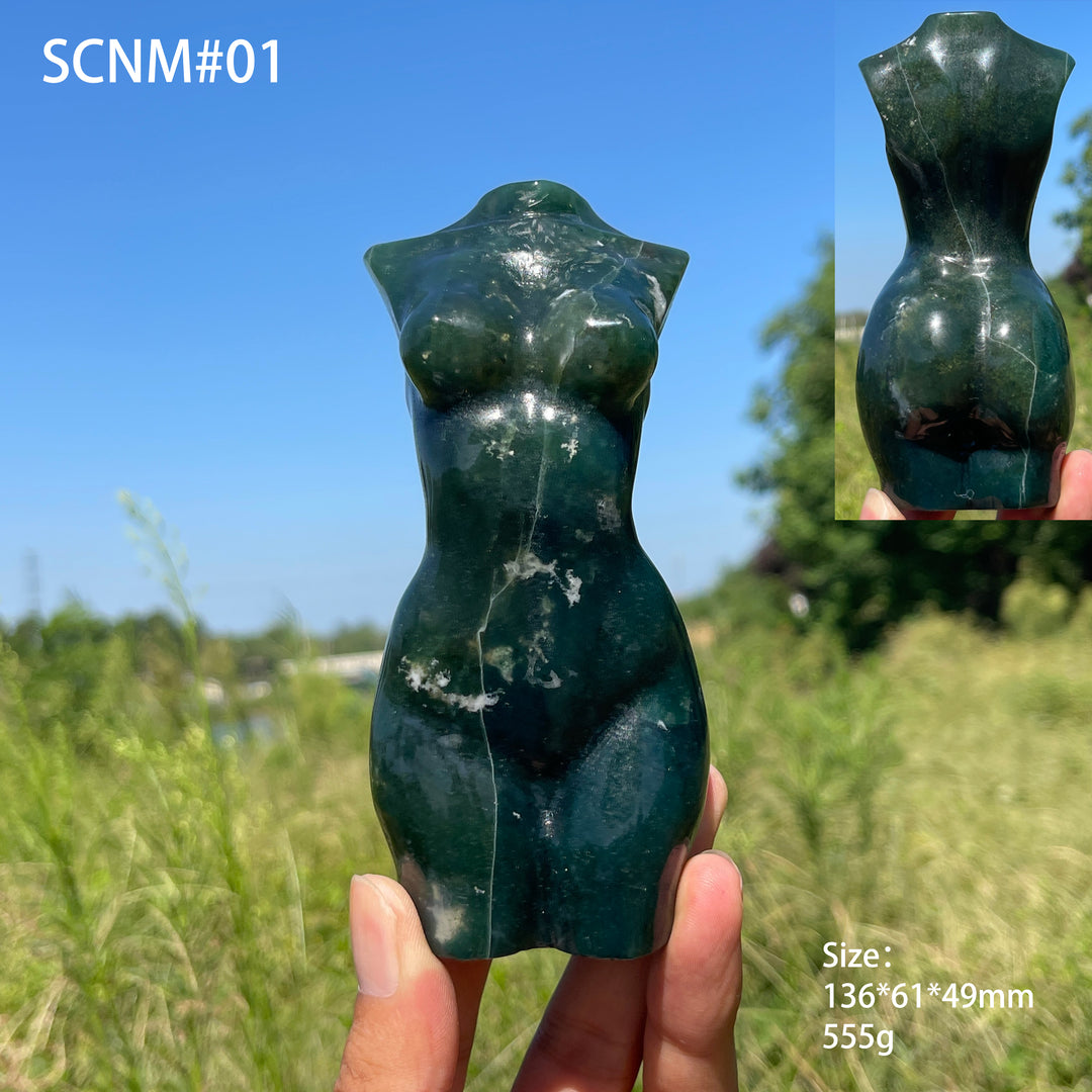 Unique,Natural Crystal Carving Moss Agate Goddess