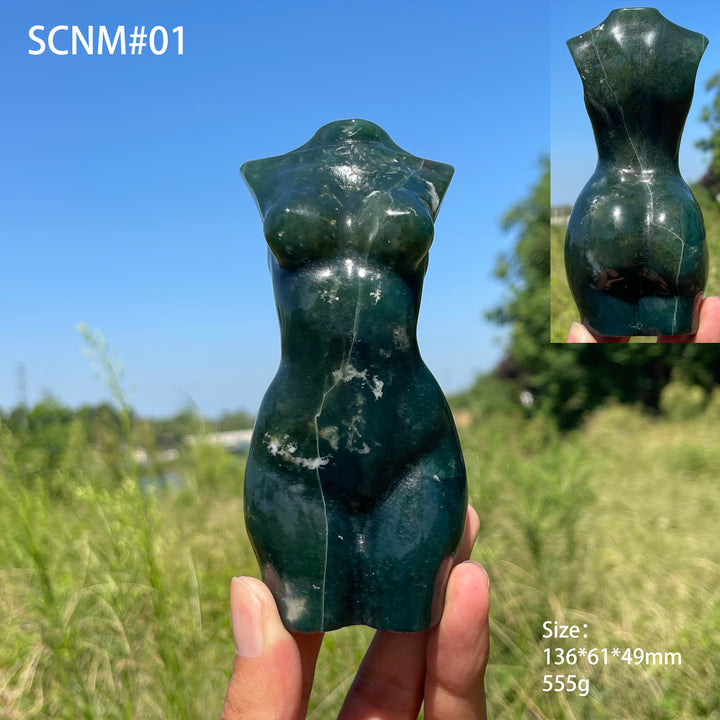 Unique,Natural Crystal Carving Moss Agate Goddess