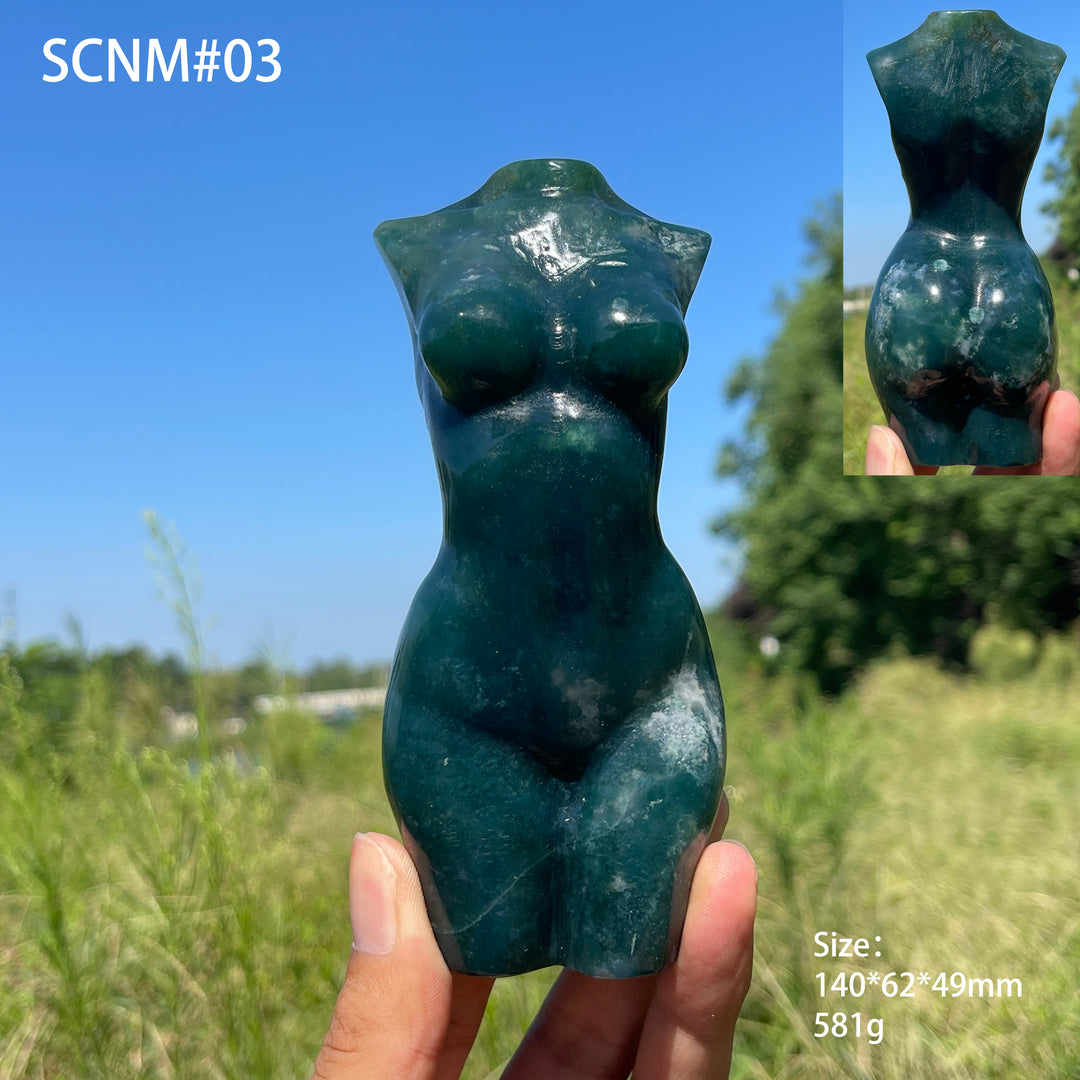 Unique,Natural Crystal Carving Moss Agate Goddess