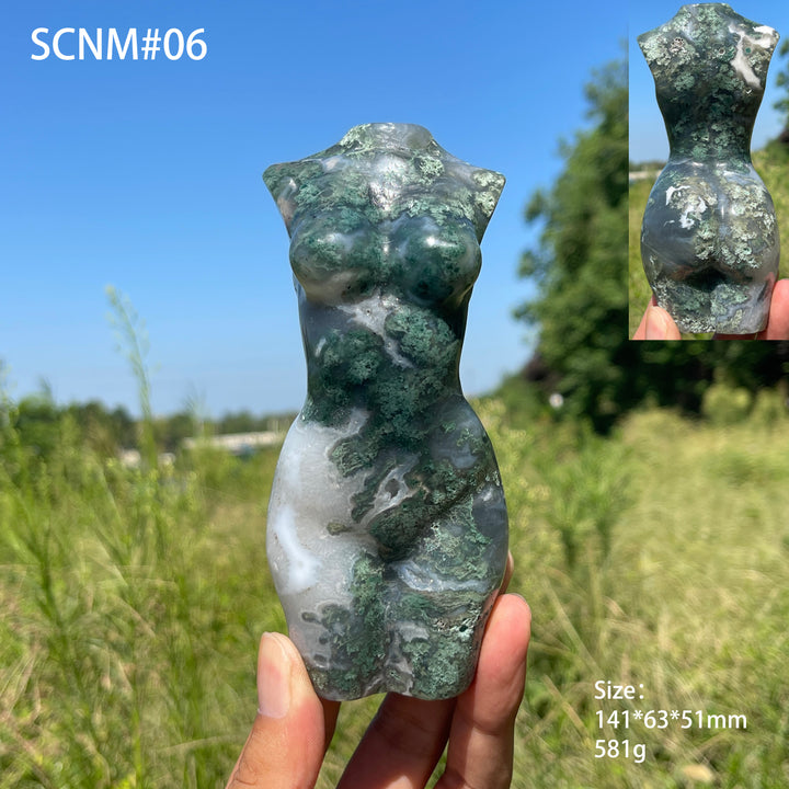 Unique,Natural Crystal Carving Moss Agate Goddess