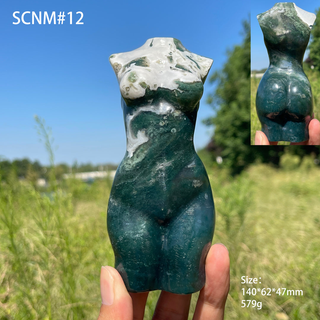 Unique,Natural Crystal Carving Moss Agate Goddess