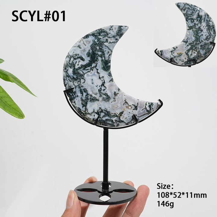 Unique,Natural Crystal Exquisite Moss Agate Moon With Stand