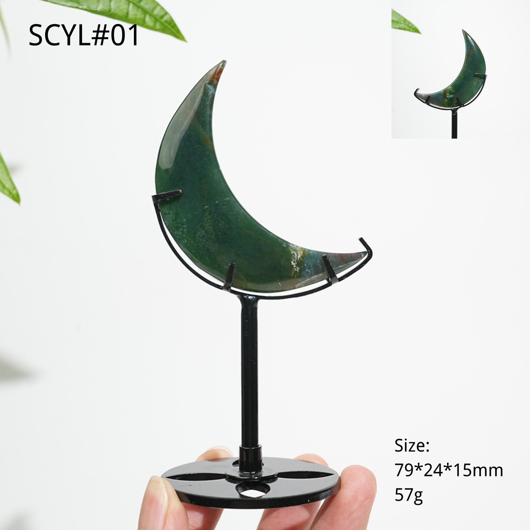 Unique,Natural Crystal Moss Agate Moon With Stand