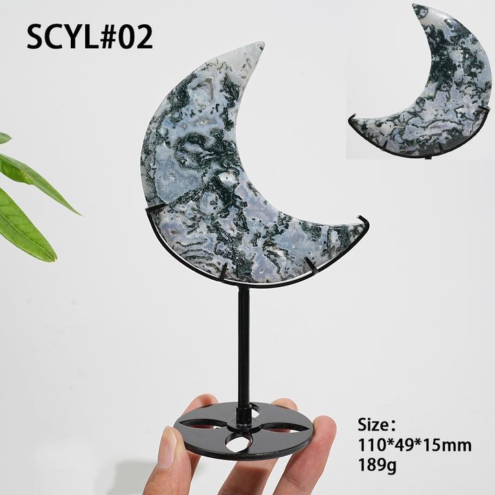 Unique,Natural Crystal Exquisite Moss Agate Moon With Stand