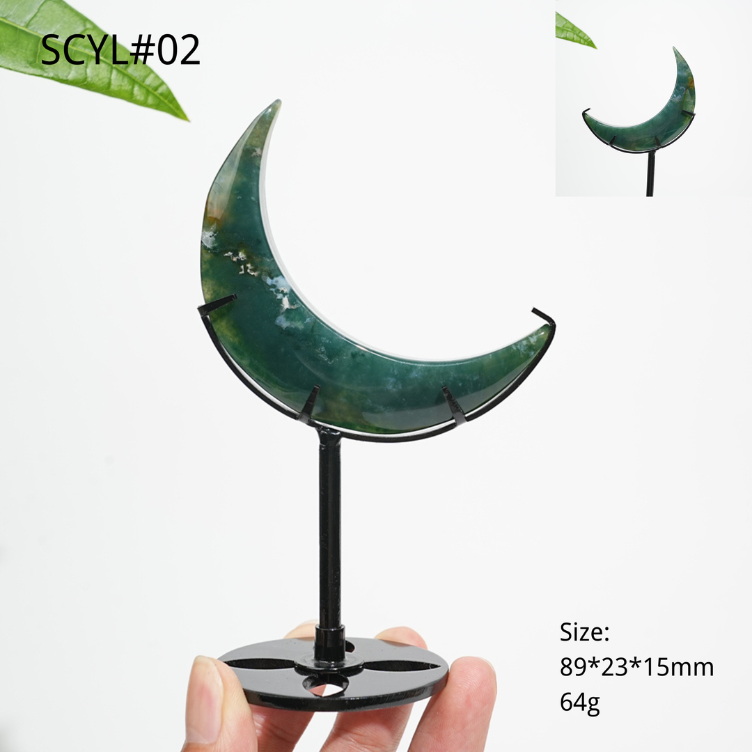 Unique,Natural Crystal Moss Agate Moon With Stand